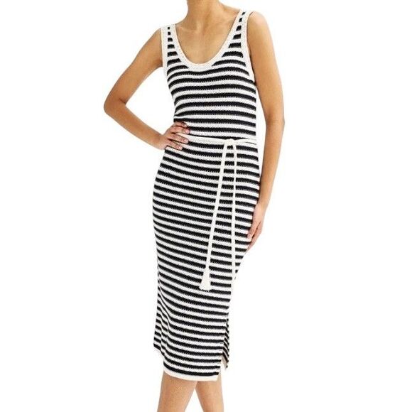 Nine West Dresses & Skirts - Nine West Midi Knit Dress Crochet Stripe Ivory Black S NWT